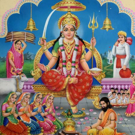 Vintage Calendar Art Painting of Goddess with Devotees