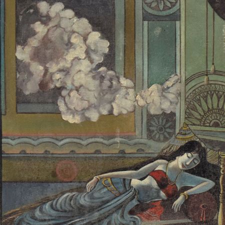 Vintage Oil Painting on Hardboard by JB Saxena Reclining Woman in Ornate Interior