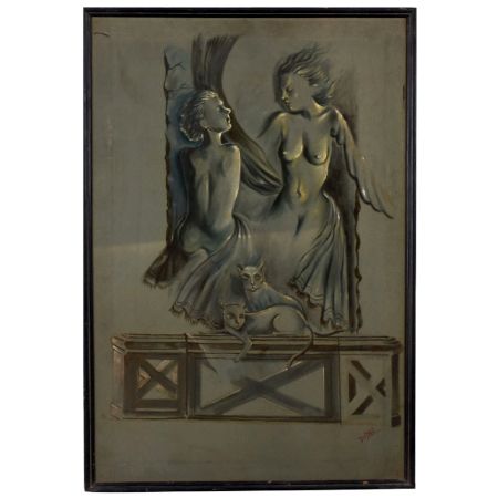 Hardboard Painting with Surreal Female Figures and Mystical Cats