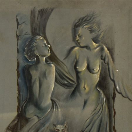 Hardboard Painting with Surreal Female Figures and Mystical Cats