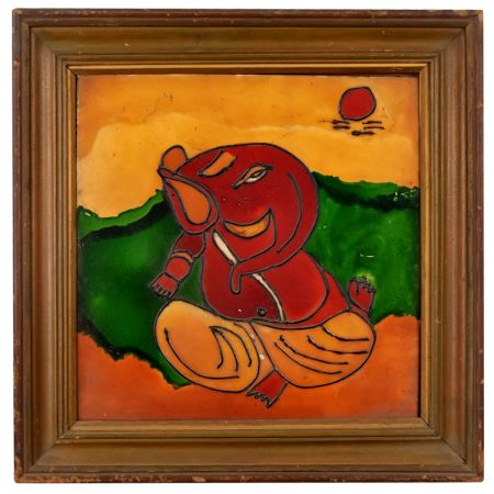 Ceramic Tile Painting of Lord Ganesha in Wooden Frame