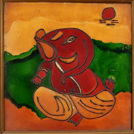 Ceramic Tile Painting of Lord Ganesha in Wooden Frame