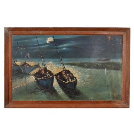 Hand Painted Hardboard Painting of Boats under Moonlight