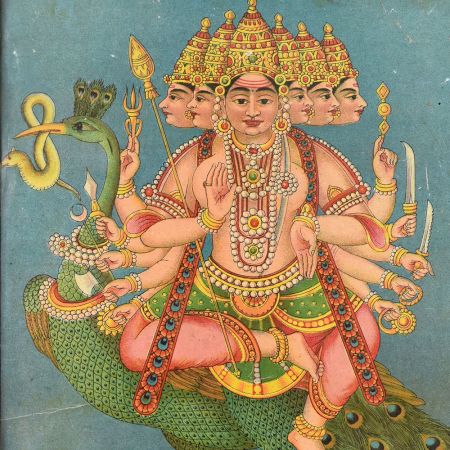 Paper Print on Hardboard of Lord Kartikeya on Peacock