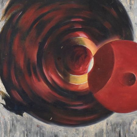 Abstract Cloth Painting on Hardboard with Red Circular Forms