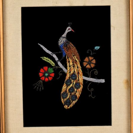 Embroidery Work on Cloth of Peacock with Wooden Frame