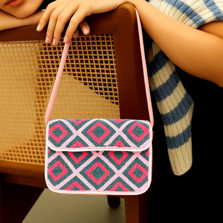 Luxury Handmade Colorful Beaded Shoulder Bag Pink & Green Diamond Geometric Pattern Purse