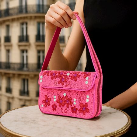 Luxury Handmade Beaded Shoulder Bag Hot Pink with Red Floral Design