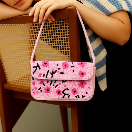 Handmade Pink Beaded Shoulder Bag with Floral Embroidery Stylish Women Purse