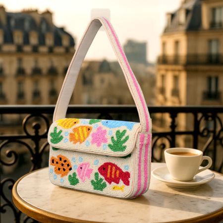 Handmade Beaded Shoulder Bag with Colorful Fish & Coral Reef Design Summer Beach Style
