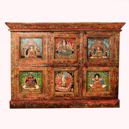 Decorative Wooden Cabinet with Handcrafted Buddha Designs
