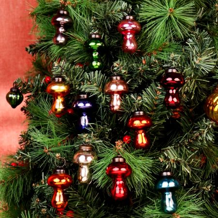 12 Pieces Handmade Multicolor Vintage-Style Glass Mushroom Christmas Tree Ornaments