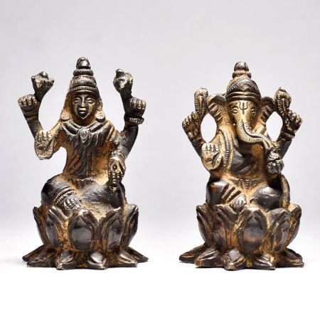 Lord Ganesha and Goddess Lakshmi Sitting on Lotus Flower Figurine