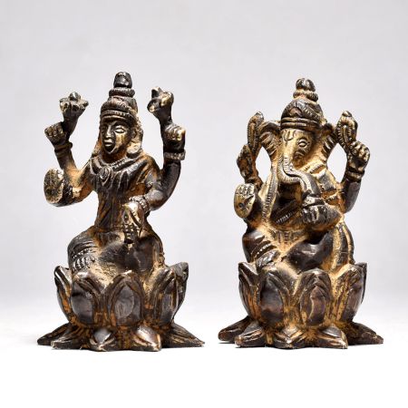 Lord Ganesha and Goddess Lakshmi Sitting on Lotus Flower Figurine