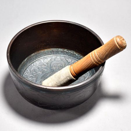 Buddha Carved Tibetan Singing Om Bowl with Wooden Striker