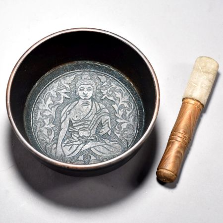 Buddha Carved Tibetan Singing Om Bowl with Wooden Striker