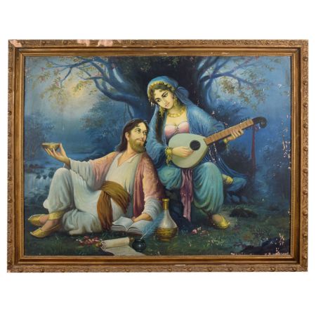 Vintage Hardboard Painting of Persian Poet Umar Khayyam with Original Frame