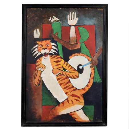 Modern Indian Art Canvas Painting of Tiger and Musician
