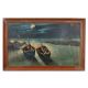 Hand Painted Hardboard Painting of Boats under Moonlight