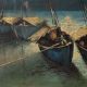 Hand Painted Hardboard Painting of Boats under Moonlight