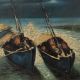 Hand Painted Hardboard Painting of Boats under Moonlight