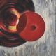 Abstract Cloth Painting on Hardboard with Red Circular Forms
