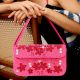 Luxury Handmade Beaded Shoulder Bag Hot Pink with Red Floral Design