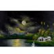 Vintage Velvet Painting on Hardboard Moonlit River Scene with Boats