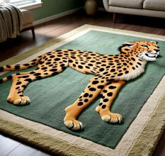 Handtufted Wildcat Figure Green Wool Rug
