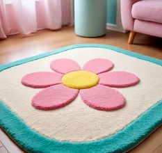 Handtufted Pink Blossom Border Wool Rug