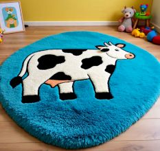 Handtufted Blue Cow Cartoon Wool Rug