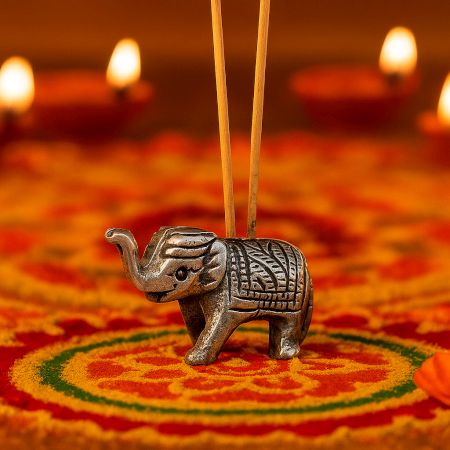 Brass Incense Holder Standing Elephant Figurine with Trunk Up