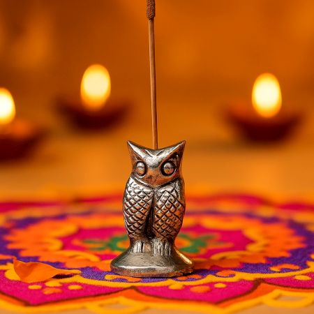 Silver Brass Standing Owl Incense Stick Holder