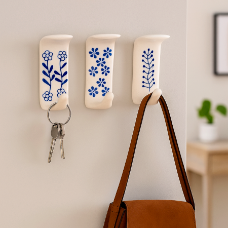 White Ceramic Adhesive Hooks for Painted Wall - Pack of 3