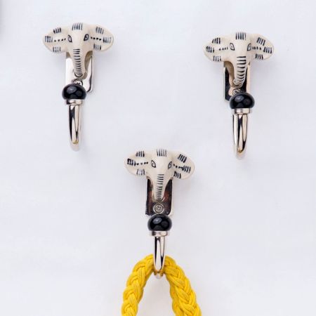 Handmade Ceramic Zinc Cream Black Elephant Wall Hooks- 3 Pieces