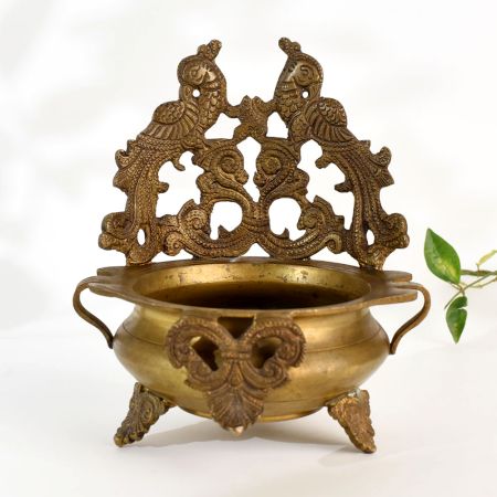 Ornate Peacock Brass Urli for Hindu Rituals