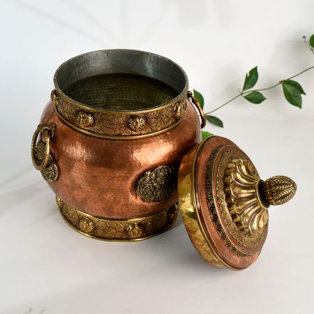 Handcrafted Copper and Brass Storage Jar with Ornate Lid