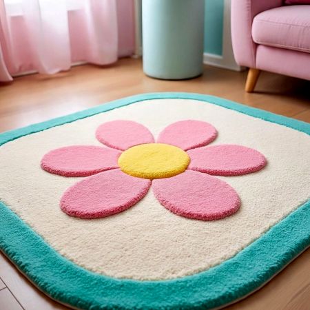 Handtufted Pink Blossom Border Wool Rug