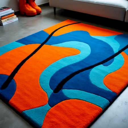 Handtufted Blue Orange Ripple Wool Rug