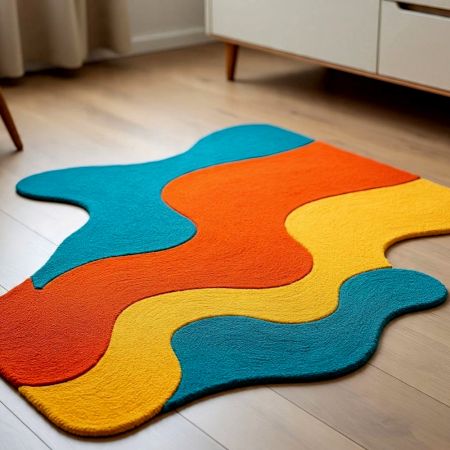 Handtufted Orange Teal Wave Wool Rug