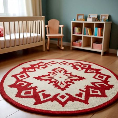 Handtufted Crimson Folk Motif Wool Rug
