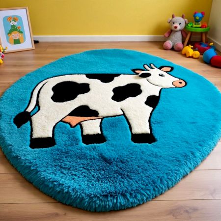 Handtufted Blue Cow Cartoon Wool Rug