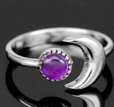 Dainty Amethyst Crescent Moon Ring 925 Sterling Silver Handmade For Women