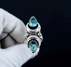 Blue Topaz Crescent Moon 925 Sterling Silver Ring Handmade Boho Jewelry