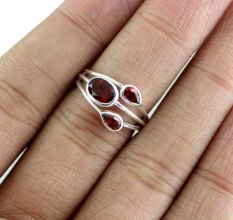 Three Red Garnet 925 Sterling Silver Ring Handmade Boho Jewelry