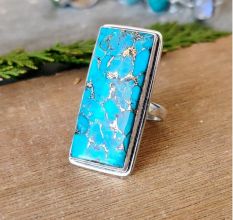 Blue Copper Turquoise Cabochon 925 Sterling Silver Ring Handmade Boho Jewelry