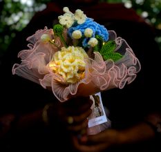 Serene Blue Crochet Bouquet With Soft Lighting