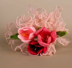 Trio of Crochet Tulips Ruffled Lace With Frilly Tulle