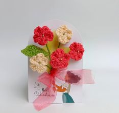 Layered Pink Crochet Flower With Delicate Leaves