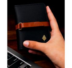 Handcrafted Blue Vegan Leather Cardholder With Tan Strap